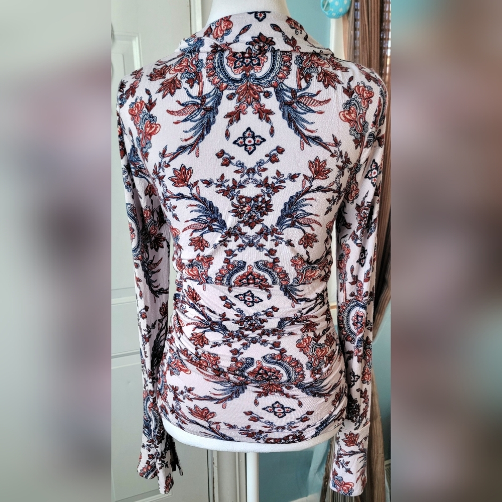 Free People Ruched 1/2 Button Down Blouse Womens S Cream Navy Rust Floral Boho - Picture 3 of 9